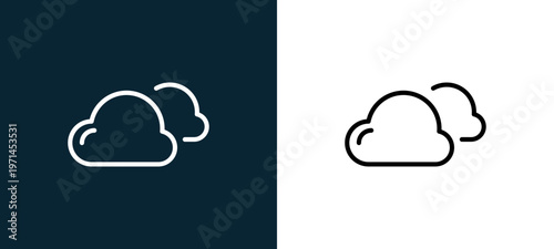 Two-color cloudy outline icon pair in black and white, editable stroke vector illustration for web, mobile apps, UI design, branding, and print from weather