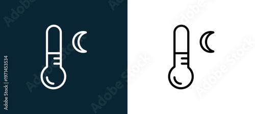 Two-color thermometer outline icon pair in black and white, editable stroke vector illustration for web, mobile apps, UI design, branding, and print from weather