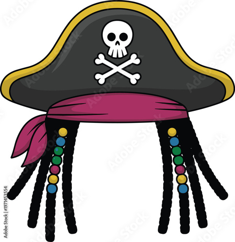 Pirate hat with skull symbol and beaded braids in flat vector style isolated on white background for costume and adventure themed design