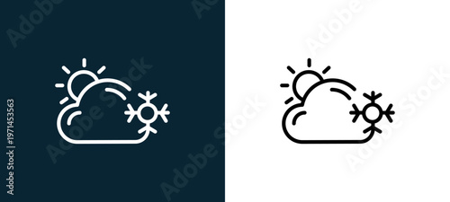 Two-color snow outline icon pair in black and white, editable stroke vector illustration for web, mobile apps, UI design, branding, and print from weather