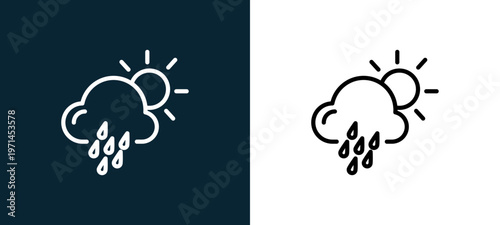 Two-color drizzle outline icon pair in black and white, editable stroke vector illustration for web, mobile apps, UI design, branding, and print from weather