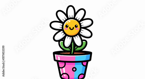 Cartoon flower, smiling daisy, potted plant, colorful illustration, vector icon
