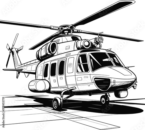 Helicopter on tarmac detailed line art illustration aviation concept