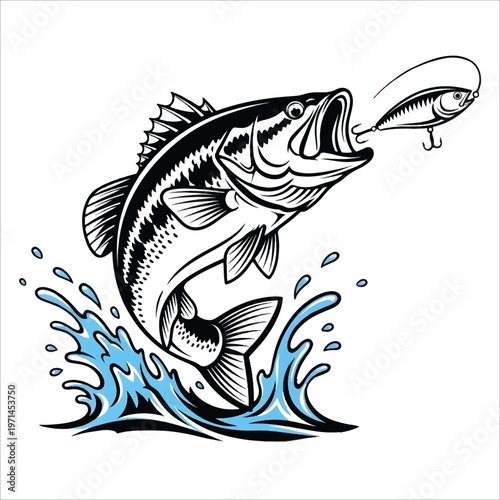 Illustrative Icon of a Largemouth Bass Leaping Out of Water to Strike at a Fishing Lure Vector Design