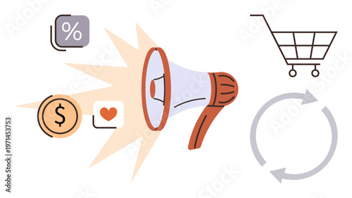 Online advertising, e-commerce, sales promotion, customer engagement, retail business, digital strategies. Megaphone surrounded by shopping cart, percentage symbol, dollar sign heart icon