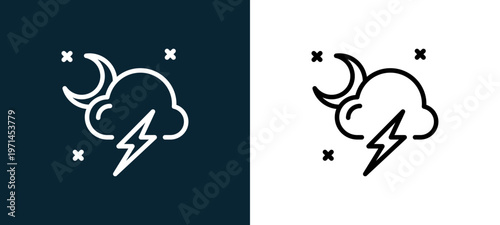 Two-color storm outline icon pair in black and white, editable stroke vector illustration for web, mobile apps, UI design, branding, and print from weather
