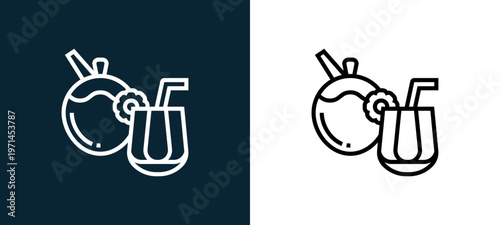 Two-color juice outline icon pair in black and white, editable stroke vector illustration for web, mobile apps, UI design, branding, and print from beverage