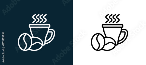 Two-color coffee outline icon pair in black and white, editable stroke vector illustration for web, mobile apps, UI design, branding, and print from beverage