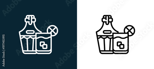 Two-color vodka outline icon pair in black and white, editable stroke vector illustration for web, mobile apps, UI design, branding, and print from beverage