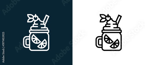 Two-color smoothie outline icon pair in black and white, editable stroke vector illustration for web, mobile apps, UI design, branding, and print from beverage