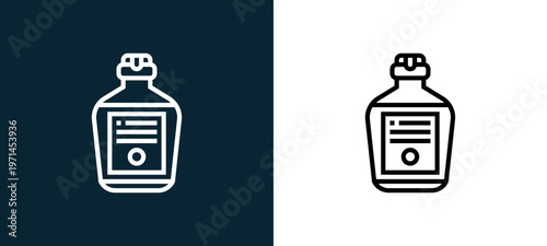Two-color whiskey outline icon pair in black and white, editable stroke vector illustration for web, mobile apps, UI design, branding, and print from beverage