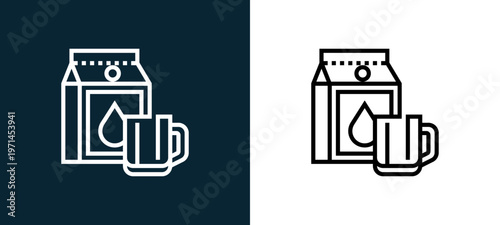Two-color milk outline icon pair in black and white, editable stroke vector illustration for web, mobile apps, UI design, branding, and print from beverage