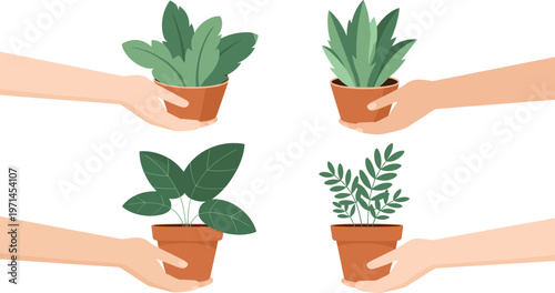 Potted plants being passed between hands in flat vector illustration set isolated on white background for plant sharing and eco friendly lifestyle concepts