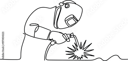Welder working with sparks one line drawing industrial manufacturing skilled labor