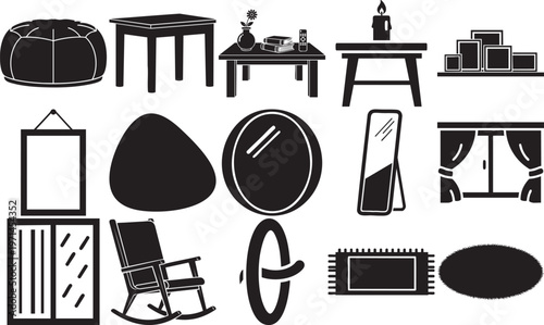 Black silhouette icons depicting various furniture and home decor elements