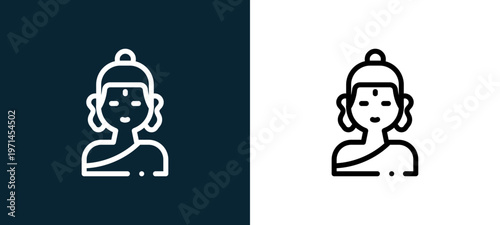 Two-color buddha outline icon pair in black and white, editable stroke vector illustration for web, mobile apps, UI design, branding, and print from diwali