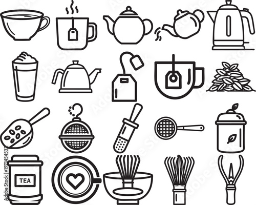 Collection of black and white line art illustrations of tea related items