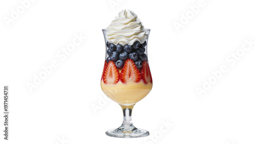 Tableau sur toile Layered dessert with custard strawberries blueberries and whipped cream, isolate