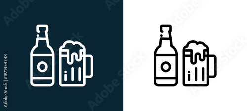 Two-color beer outline icon pair in black and white, editable stroke vector illustration for web, mobile apps, UI design, branding, and print from cafe