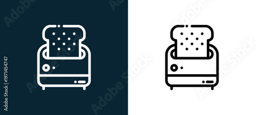 Two-color toaster outline icon pair in black and white, editable stroke vector illustration for web, mobile apps, UI design, branding, and print from cafe