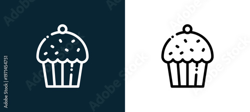 Two-color cupcake outline icon pair in black and white, editable stroke vector illustration for web, mobile apps, UI design, branding, and print from cafe