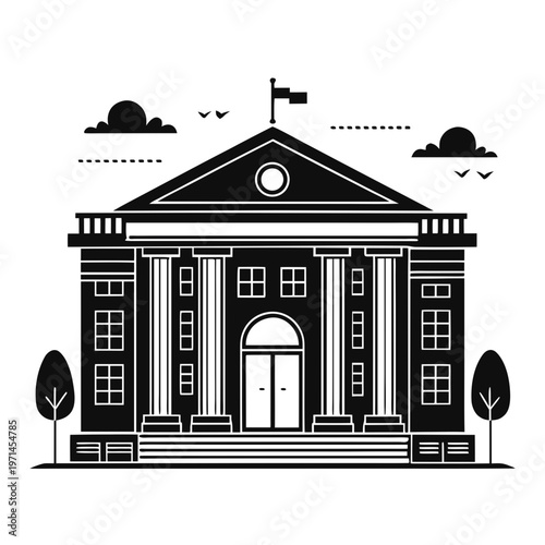 public library building silhouette icon, education knowledge center architecture vector, minimalist university building logo, symmetrical facade isolated on white