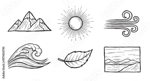 Nature and outdoor elements set with mountains sun waves wind and leaf. Hand drawn environmental vector landscape.