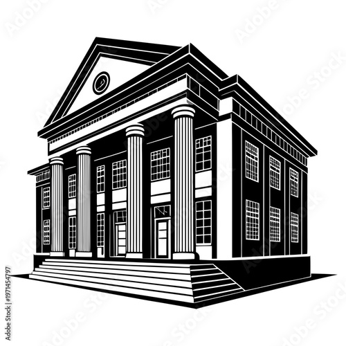 public library building silhouette icon, education knowledge center architecture vector, minimalist university building logo, symmetrical facade isolated on white