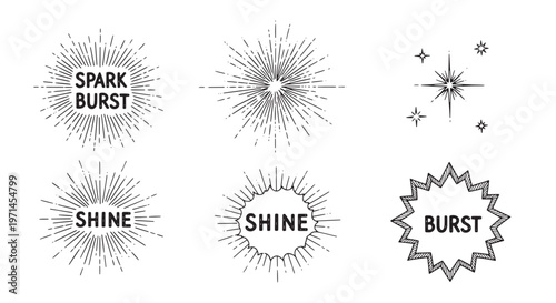 Retro spark burst and shine icons for marketing and labels. Hand drawn starburst and explosion vector elements.