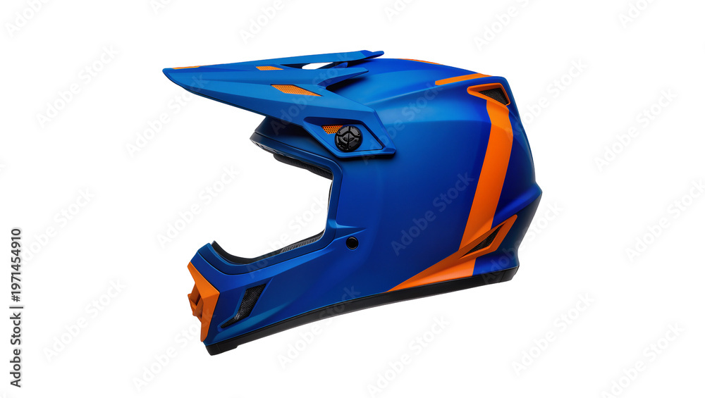 Fototapeta premium Blue and orange motocross helmet with visor, isolated on transparent background