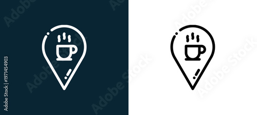 Two-color coffee outline icon pair in black and white, editable stroke vector illustration for web, mobile apps, UI design, branding, and print from cafe