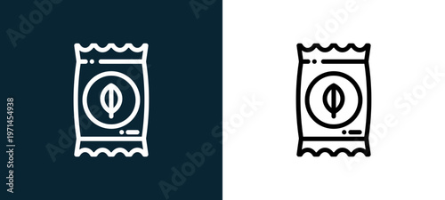 Two-color tea bag outline icon pair in black and white, editable stroke vector illustration for web, mobile apps, UI design, branding, and print from cafe