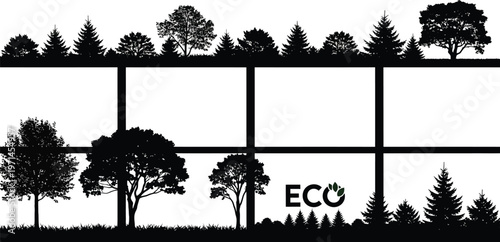 Black silhouette forest landscape with white frames and green eco trees