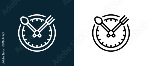 Two-color meal outline icon pair in black and white, editable stroke vector illustration for web, mobile apps, UI design, branding, and print from diet and nutrition