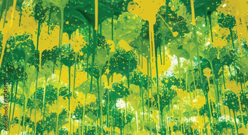 Abstract dripping paint texture in shades of green and yellow background