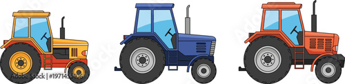 Tractor Collection Vector Illustration Set Featuring Classic Farm Tractors in Different Colors for Agriculture Farming and Rural Equipment Design Projects