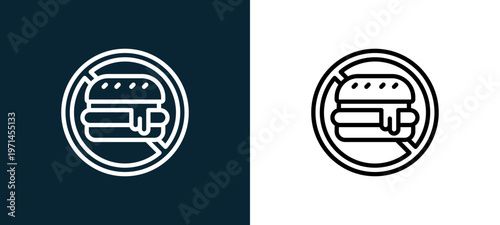 Two-color no junk food outline icon pair in black and white, editable stroke vector illustration for web, mobile apps, UI design, branding, and print from diet and nutrition