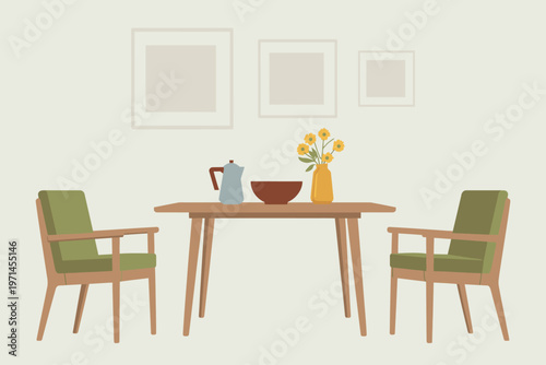 Minimalist dining room scene with table chairs and wall art