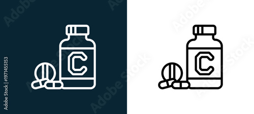 Two-color vitamins outline icon pair in black and white, editable stroke vector illustration for web, mobile apps, UI design, branding, and print from diet and nutrition