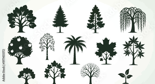 Collection of dark green tree silhouettes including oak pine palm maple and apple varieties