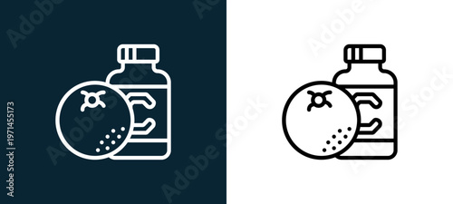 Two-color vitamins outline icon pair in black and white, editable stroke vector illustration for web, mobile apps, UI design, branding, and print from diet and nutrition