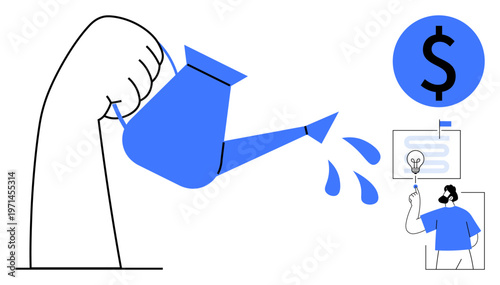 Financial planning, investment strategies, money growth, creative ideas, savings, economic opportunities, budgeting concepts. A hand pours water from a watering can toward financial icons. Financial