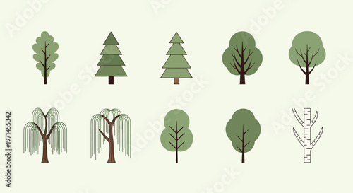 Collection of ten stylized trees in various shapes and colors nature forest green