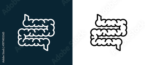 Two-color intestine outline icon pair in black and white, editable stroke vector illustration for web, mobile apps, UI design, branding, and print from human organs