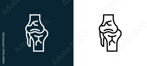 Two-color knee outline icon pair in black and white, editable stroke vector illustration for web, mobile apps, UI design, branding, and print from human organs