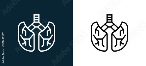 Two-color lungs outline icon pair in black and white, editable stroke vector illustration for web, mobile apps, UI design, branding, and print from human organs