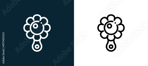 Two-color rattle outline icon pair in black and white, editable stroke vector illustration for web, mobile apps, UI design, branding, and print from children toys