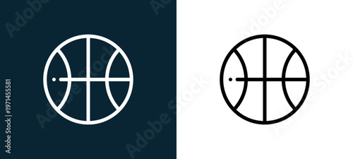 Two-color basketball outline icon pair in black and white, editable stroke vector illustration for web, mobile apps, UI design, branding, and print from children toys