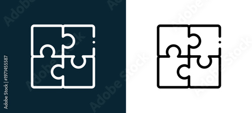 Two-color puzzle outline icon pair in black and white, editable stroke vector illustration for web, mobile apps, UI design, branding, and print from children toys