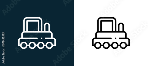 Two-color train outline icon pair in black and white, editable stroke vector illustration for web, mobile apps, UI design, branding, and print from children toys